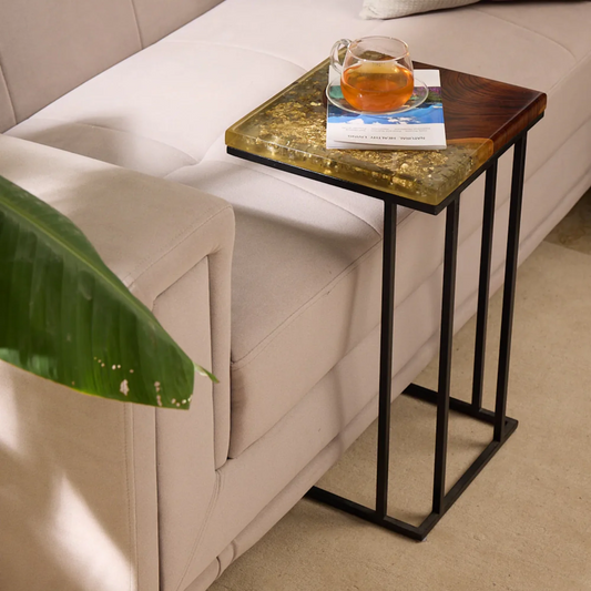 C-Shaped Side Table – Teak Wood with Transparent Resin Finish